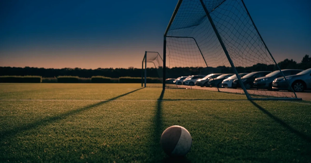 Ein Fussballplatz im Abendlicht mit langen Schatten der Torpfosten, die Rasenfläche leuchtet gelblich.