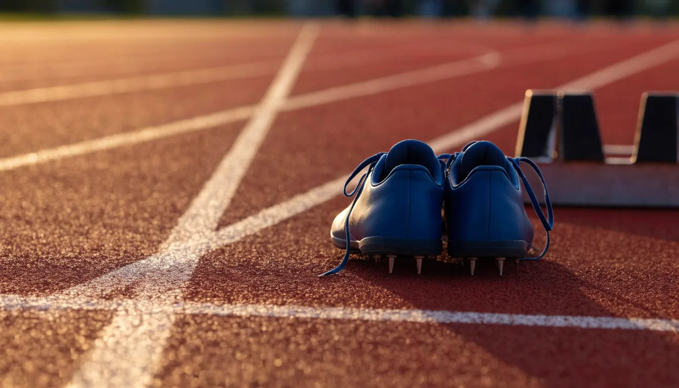 Ein Paar Laufschuhe mit Spikes liegt auf einer Tartanbahn neben einem Startblock, die Linien verlaufen in die Ferne.