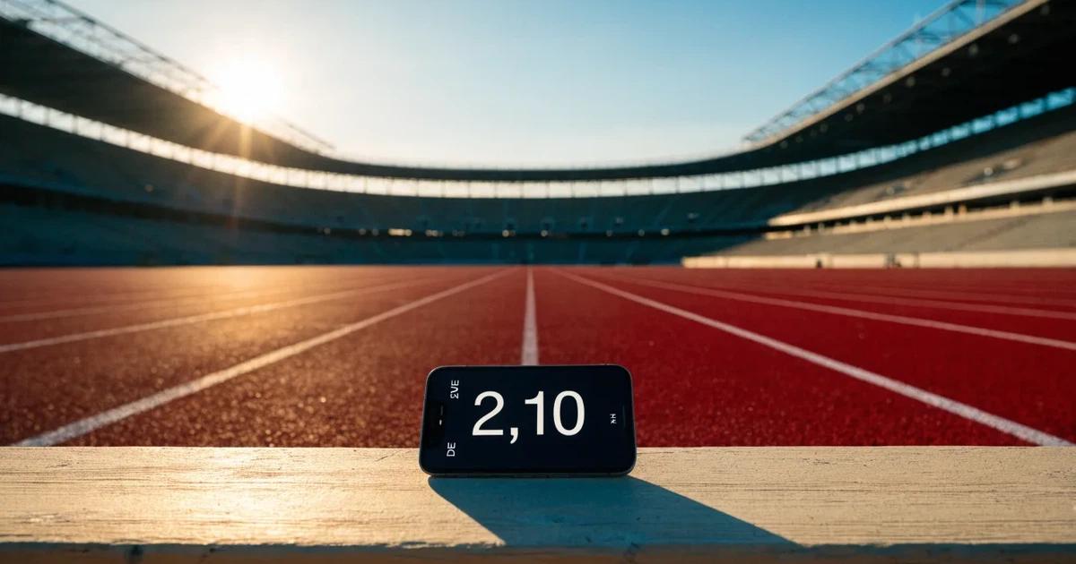 Eine rote Laufbahn mit weissen Linien leuchtet in der Morgensonne, im Hintergrund ein leeres Stadion.