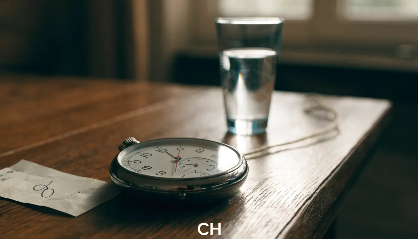 Eine Stoppuhr an einer Schnur liegt auf einem Holztisch neben einem Wasserglas, das Licht ist ruhig.