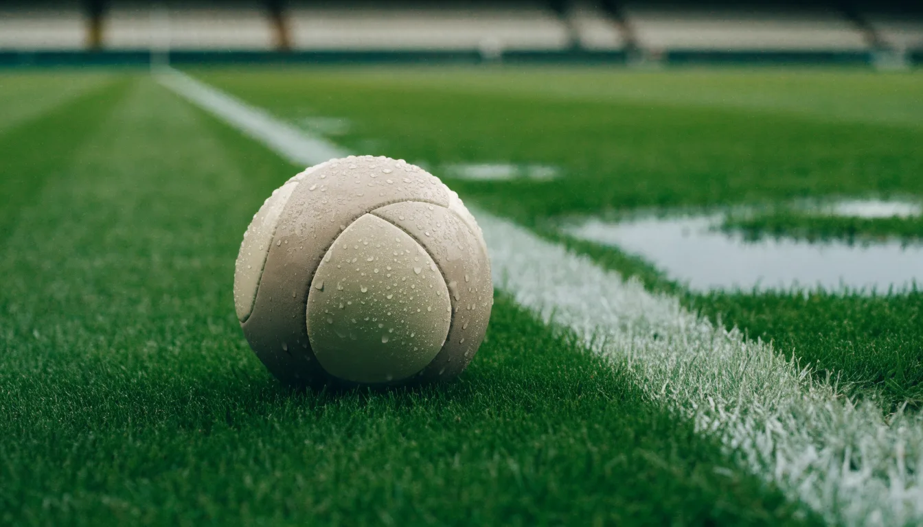 Ein Fussball liegt auf nassem Kunstrasen neben einer weissen Linie, Pfützen spiegeln den Himmel.