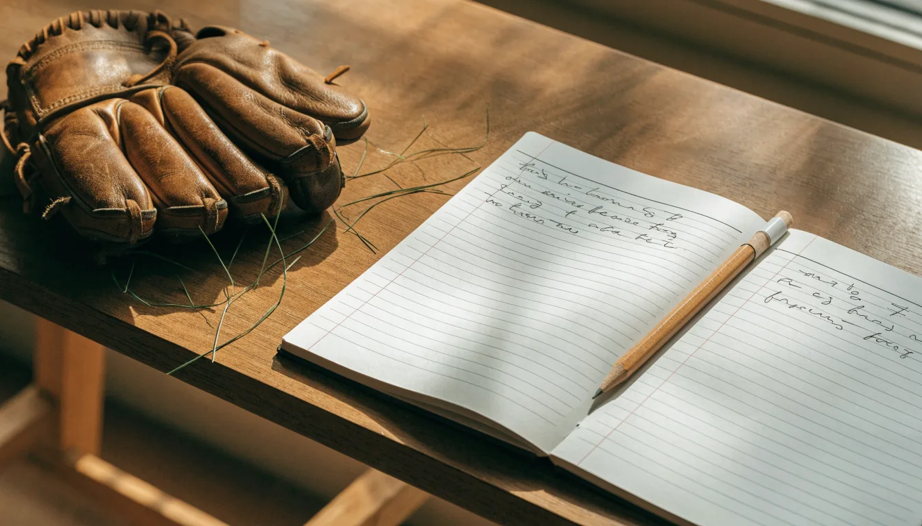 Ein aufgeschlagenes Notizbuch mit handgeschriebenen Notizen und ein Bleistift liegen auf einem Holztisch neben einem abgegriffenen Baseballhandschuh.