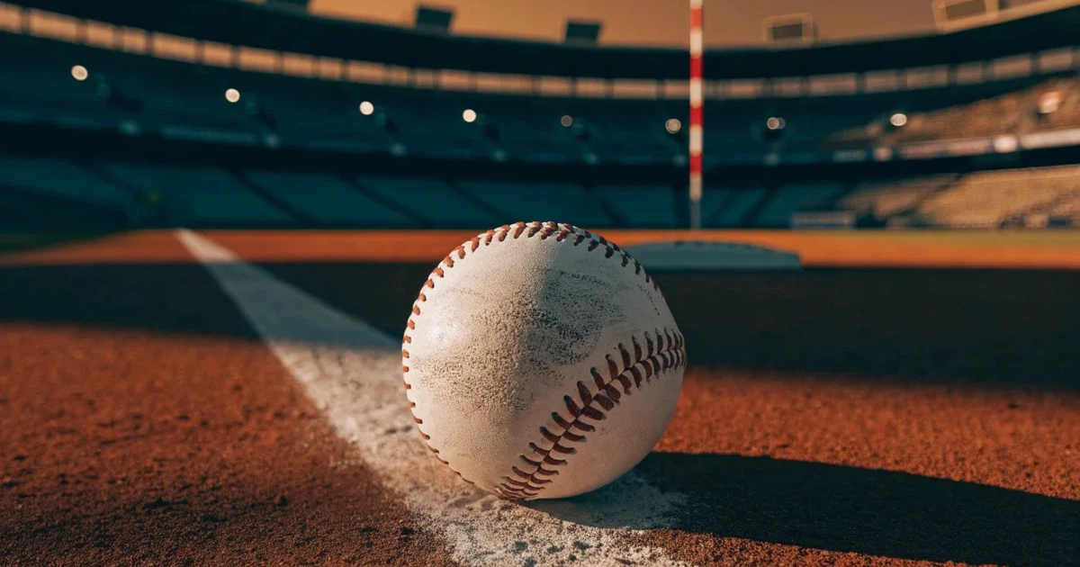 Ein weisser Baseball liegt auf rotbraunem Sand neben der Grundlinie eines leeren Stadions im warmen Abendlicht, die Ränge sind verlassen.