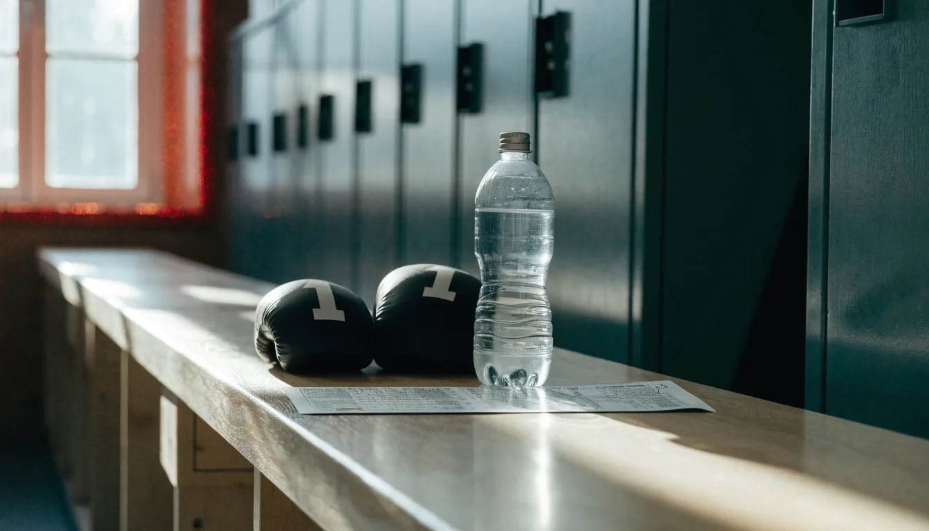 Ein Paar Kampfsporthandschuhe liegt auf einer Holzbank neben einer Wasserflasche in einer ruhigen Umkleide, durch ein hohes Fenster fällt Tageslicht.