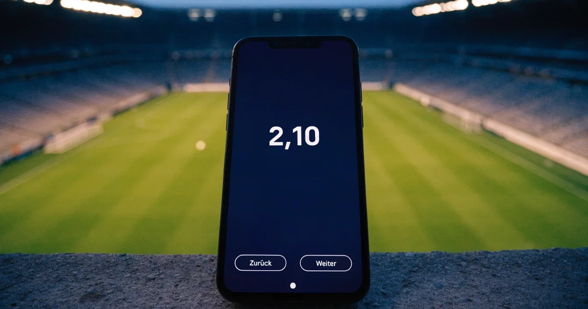 Ein Fussball liegt auf dem Mittelpunkt eines leeren Rasens, im Hintergrund steigen steile Tribünen in der Dämmerung auf.