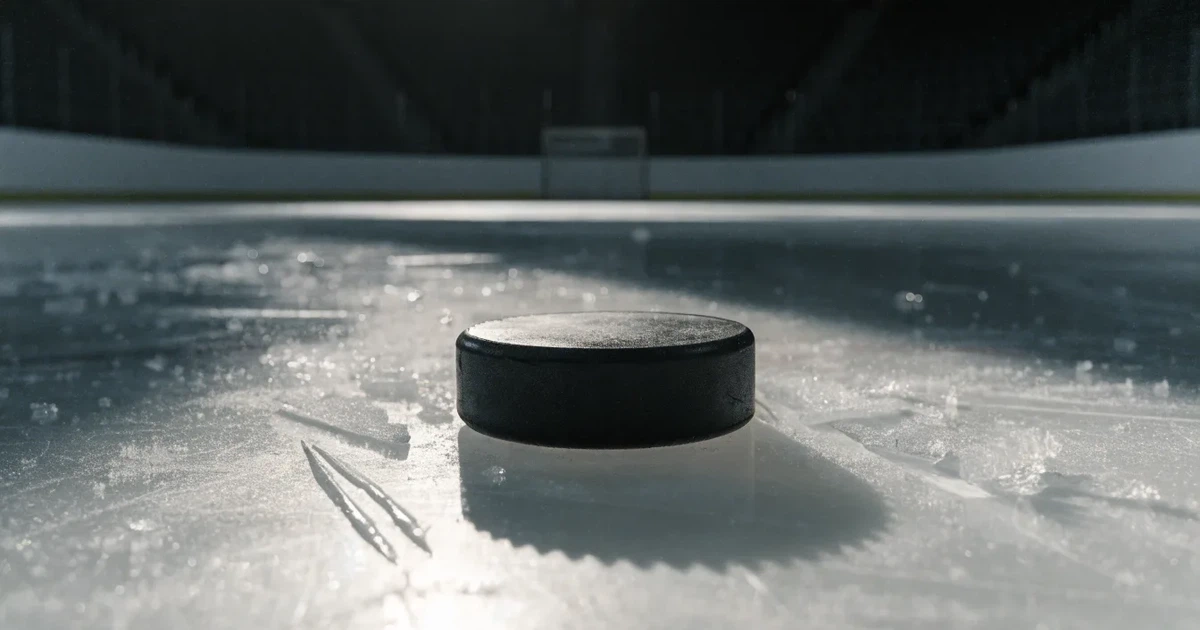 Ein Eishockeypuck liegt auf einer glatten Eisfläche, im Hintergrund erheben sich die dunklen Ränge einer leeren Halle.