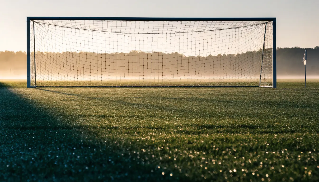Ein Fussballtor mit Netz in der Totalen auf einem leeren Platz, Tau glänzt im Gras und die Morgensonne steht tief.
