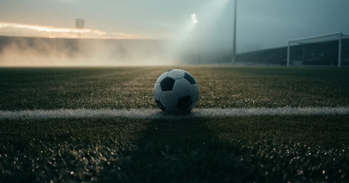 Ein Fussball liegt auf der Strafraumlinie eines nassen Rasens, dahinter stehen Flutlichtmasten im aufsteigenden Nebel.