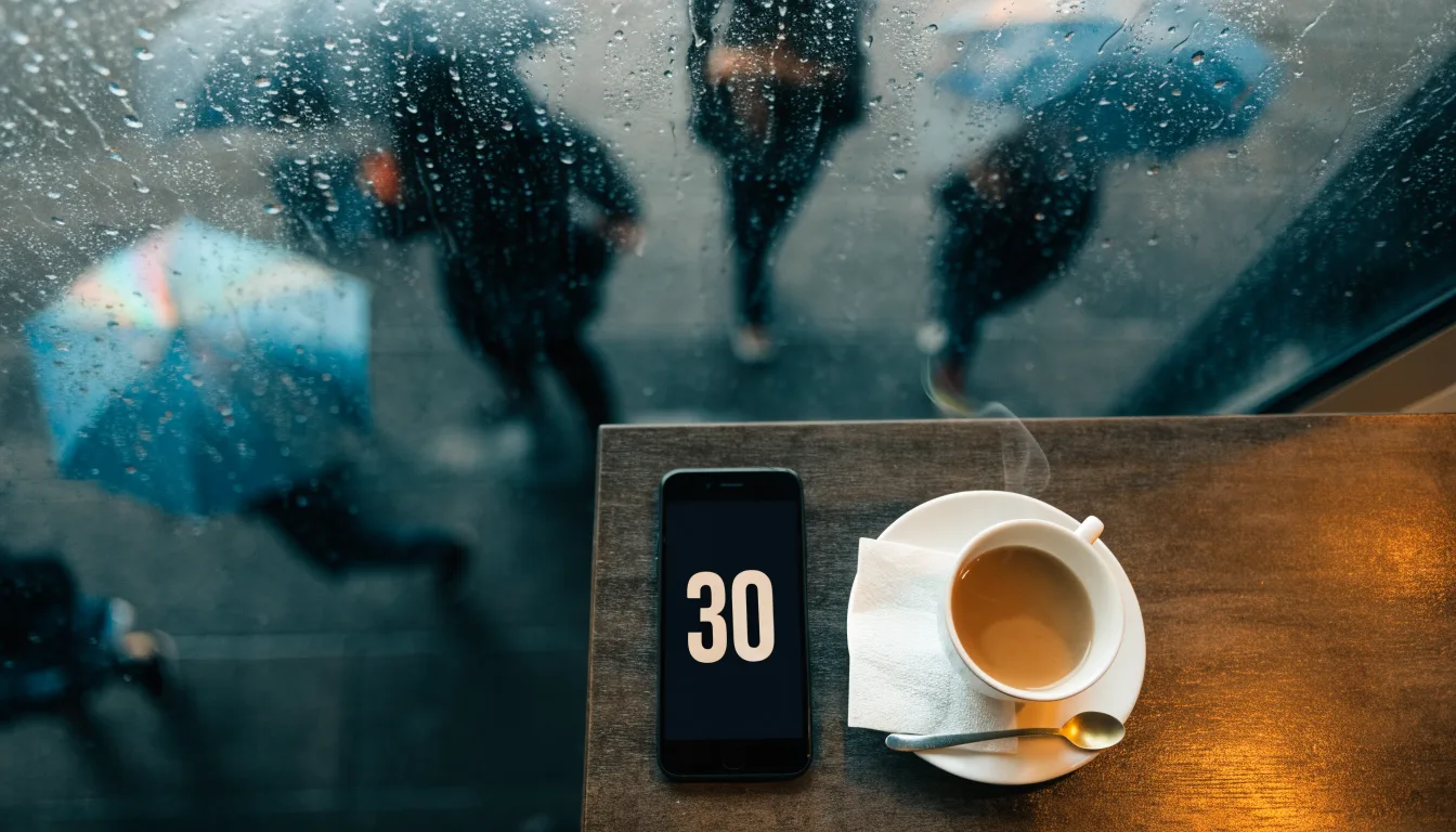 Ein Café-Tisch am Fenster mit einer Teetasse, draussen ein nasser Gehweg und Passanten mit Regenschirmen in unscharfer Ferne.