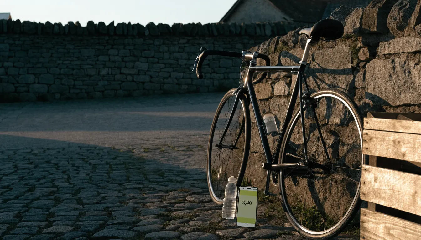 Ein Rennrad lehnt an einer Steinmauer am Rand eines Dorfplatzes, daneben eine Trinkflasche im ersten Sonnenlicht.