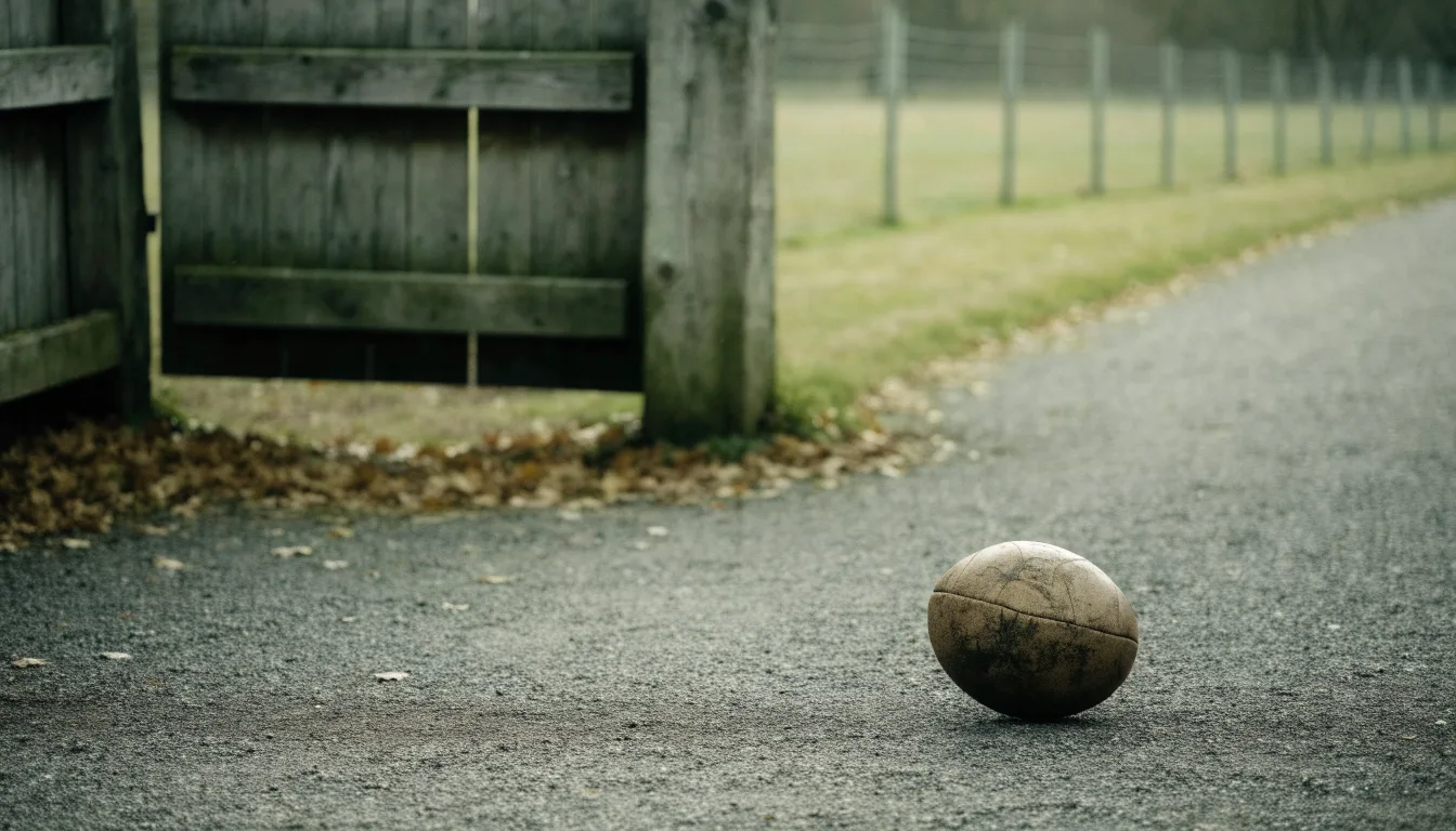 Ein abgenutzter Fussball liegt auf einem Kiesweg neben dem Eingang eines Vereinsplatzes, Laub liegt auf dem Boden.