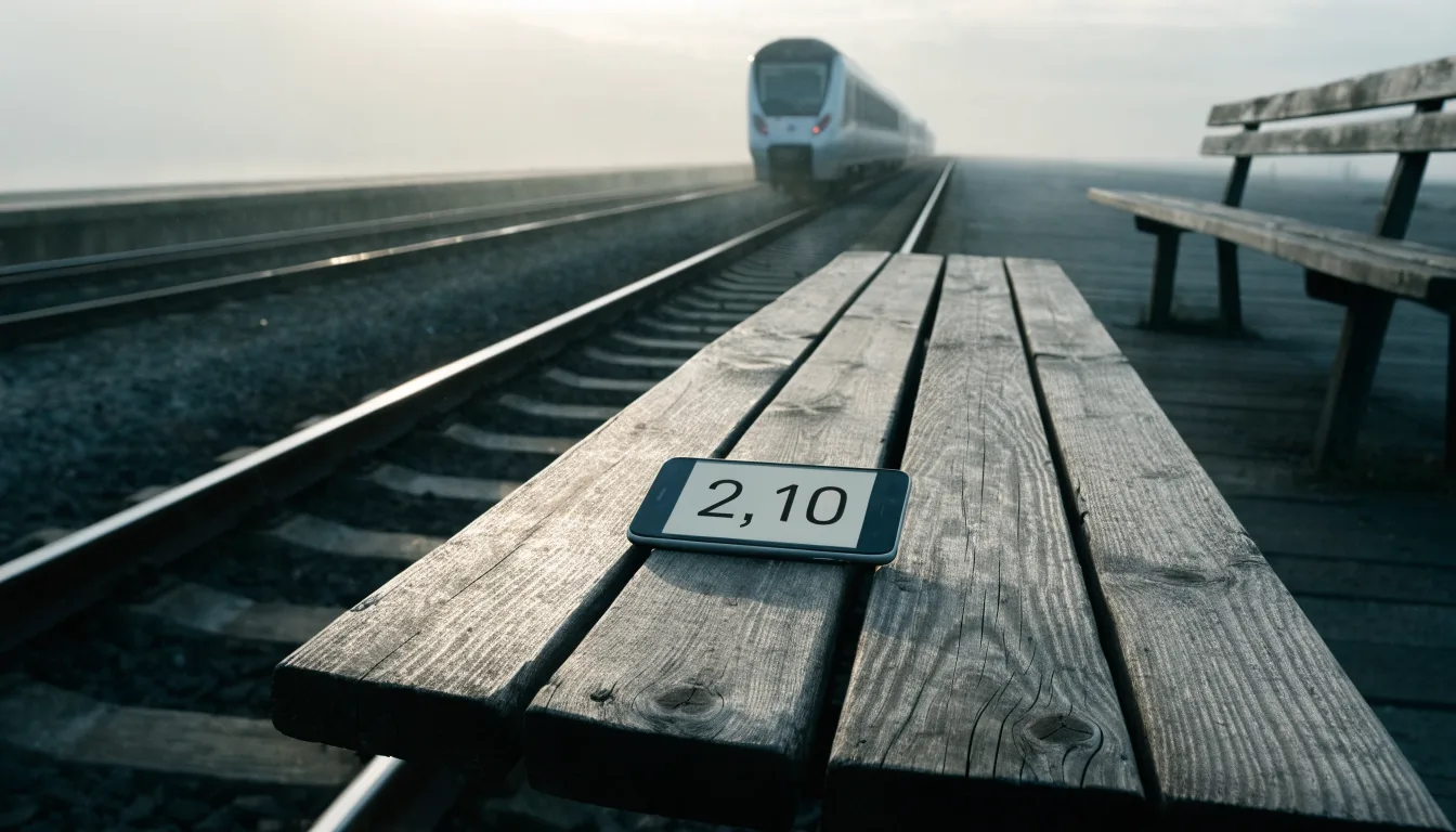 Ein Bahnsteig mit leeren Bänken an einem Regionalbahnhof am Morgen, ein Zug fährt in der Ferne ein.