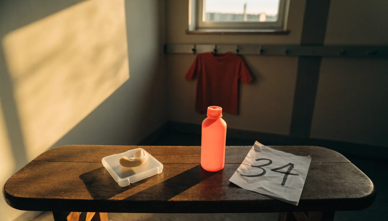 Ein Mundschutz liegt auf einer Holzbank neben einer Trinkflasche in einer schlichten Kabine, durch das Fenster fällt Morgenlicht.