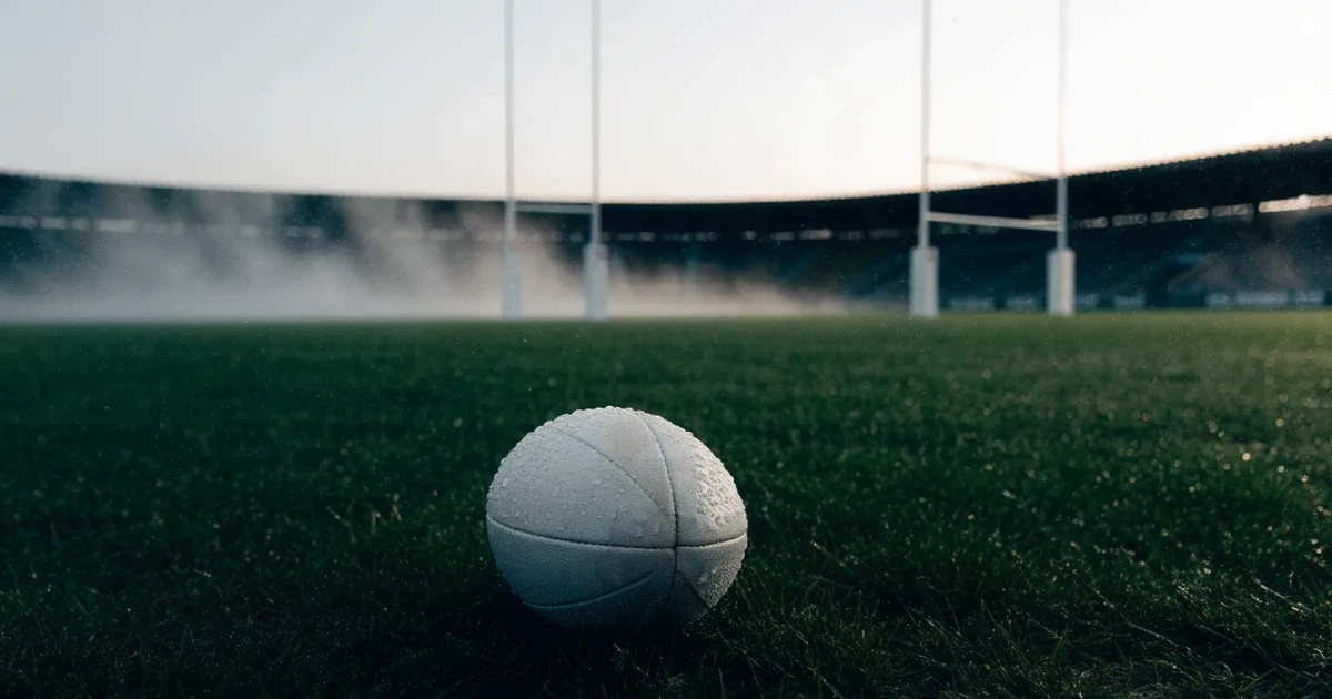 Ein ovaler Rugbyball liegt auf feuchtem Rasen vor zwei hohen Torstangen, hinter dem Spielfeld steigen Nebelschwaden auf.