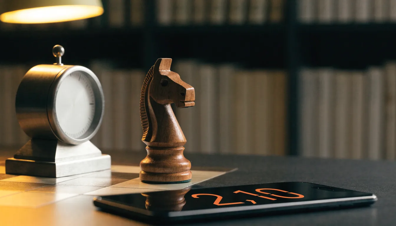 Ein Springer aus Holz steht allein auf einem Brett neben einer Schachuhr aus Metall, im Hintergrund unscharfe Bücherregale.
