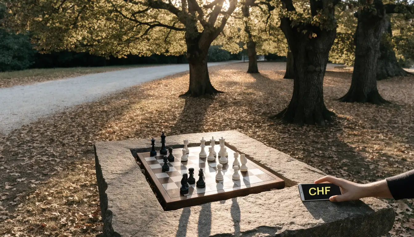 Ein Parkbank-Tisch mit eingelassenem Spielfeld unter alten Kastanien, auf den Wegen liegt Laub und die Sonne steht tief.