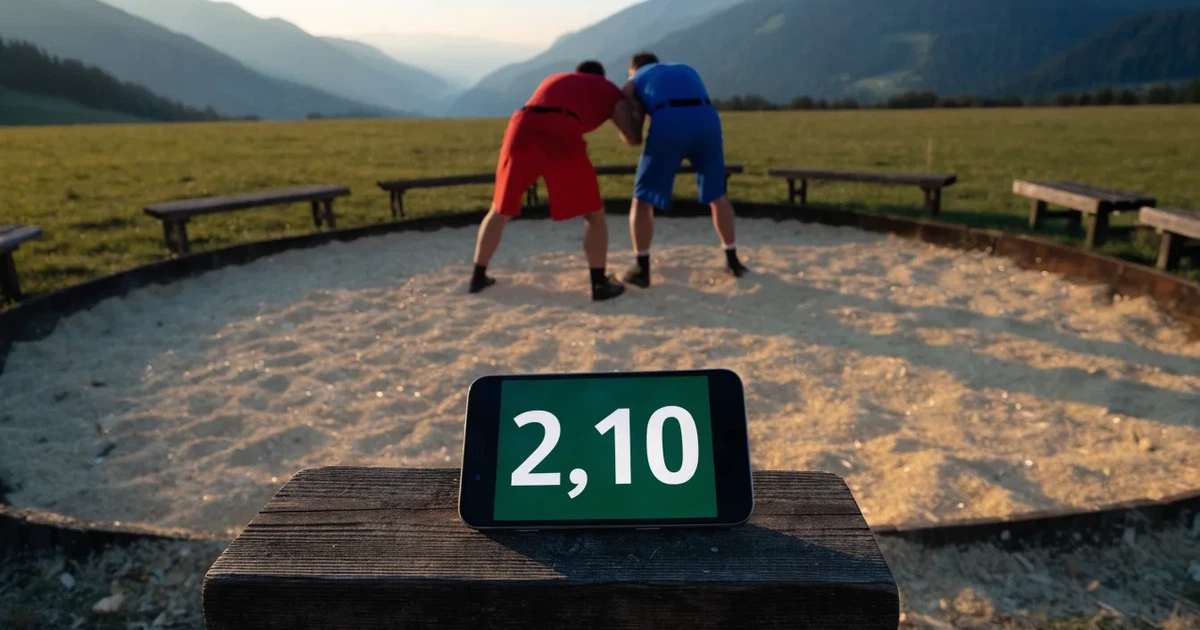 Ein kreisrunder Sägemehlring auf einer Wiese in den Voralpen, leere Holzbänke ringsum, im Hintergrund Berge im Morgenlicht.