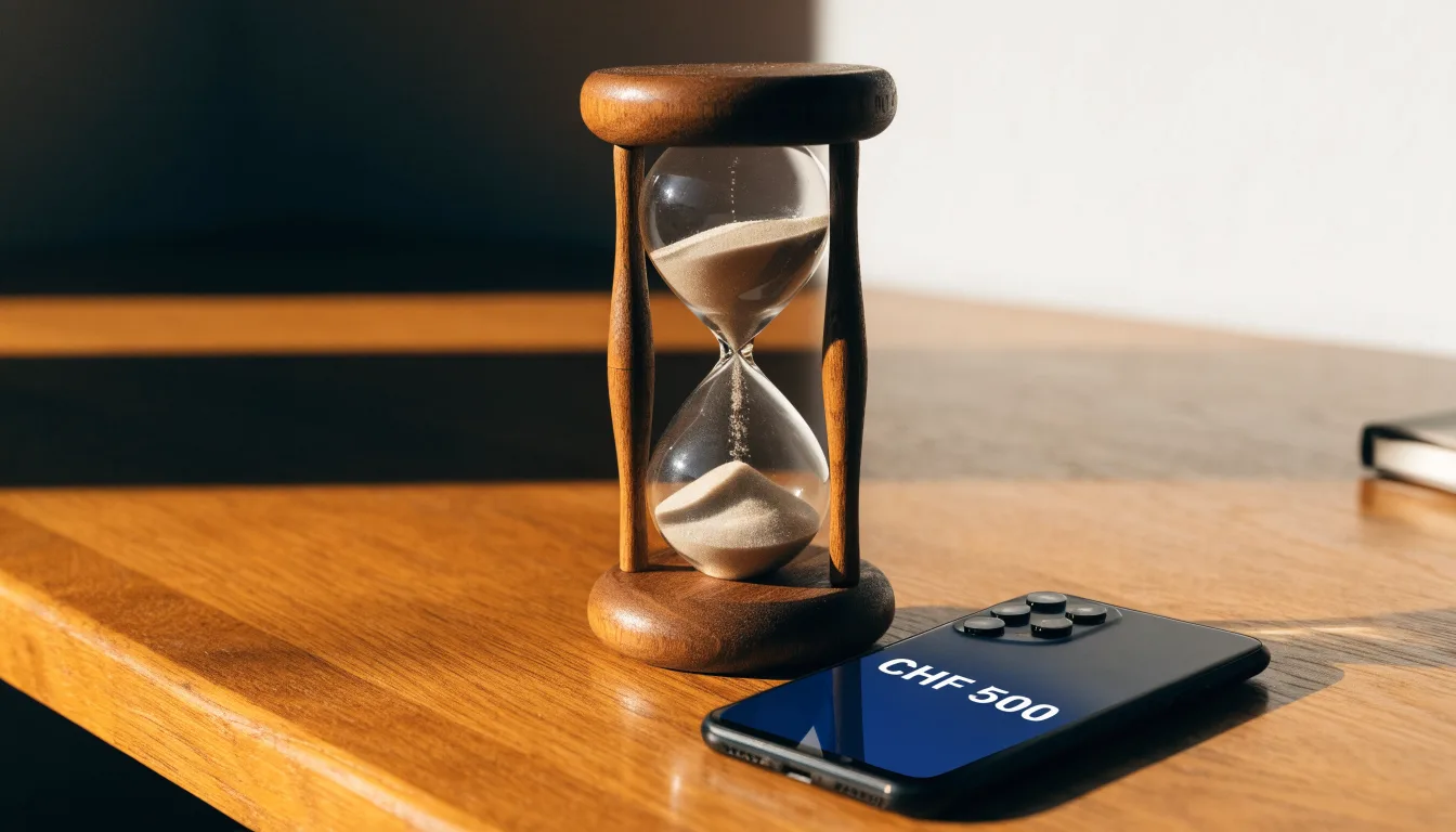 Eine Sanduhr steht auf einem Holztisch neben einem umgedrehten Smartphone, warmes Licht fällt von der Seite ein.