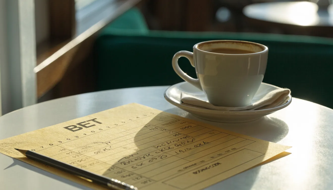 Eine Espressotasse und ein Bleistift liegen auf einem Caféhaustisch neben einer gefalteten Stoffserviette im Licht der Morgensonne.