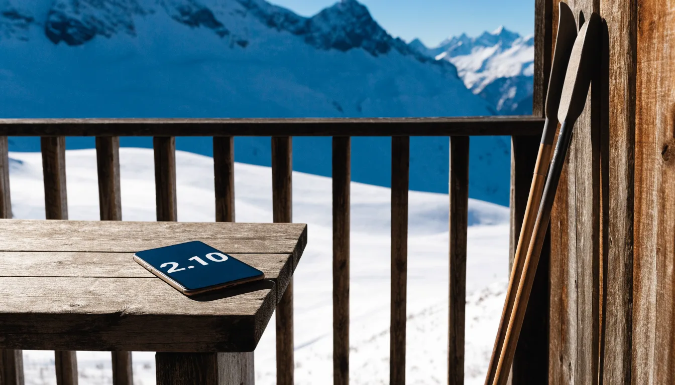 Zwei Skier stecken aufrecht im Schnee neben einer Holzhütte, dahinter ein weites Alpenpanorama bei klarem Himmel.