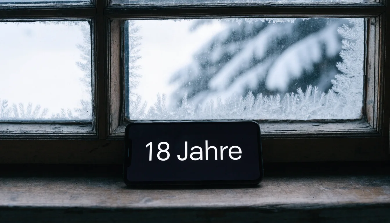 Ein vereistes Fenster einer Berghütte mit Blick auf verschneite Tannen im blassen Winterlicht.