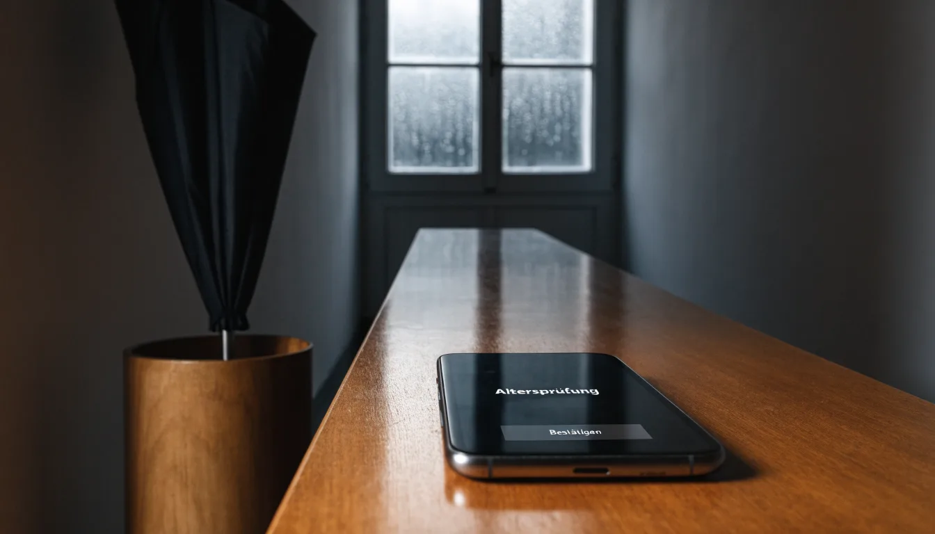 Eine Garderobe aus Holz mit einem dunklen Regenschirm in einem stillen Korridor, am Fenster rinnt Regen herunter.