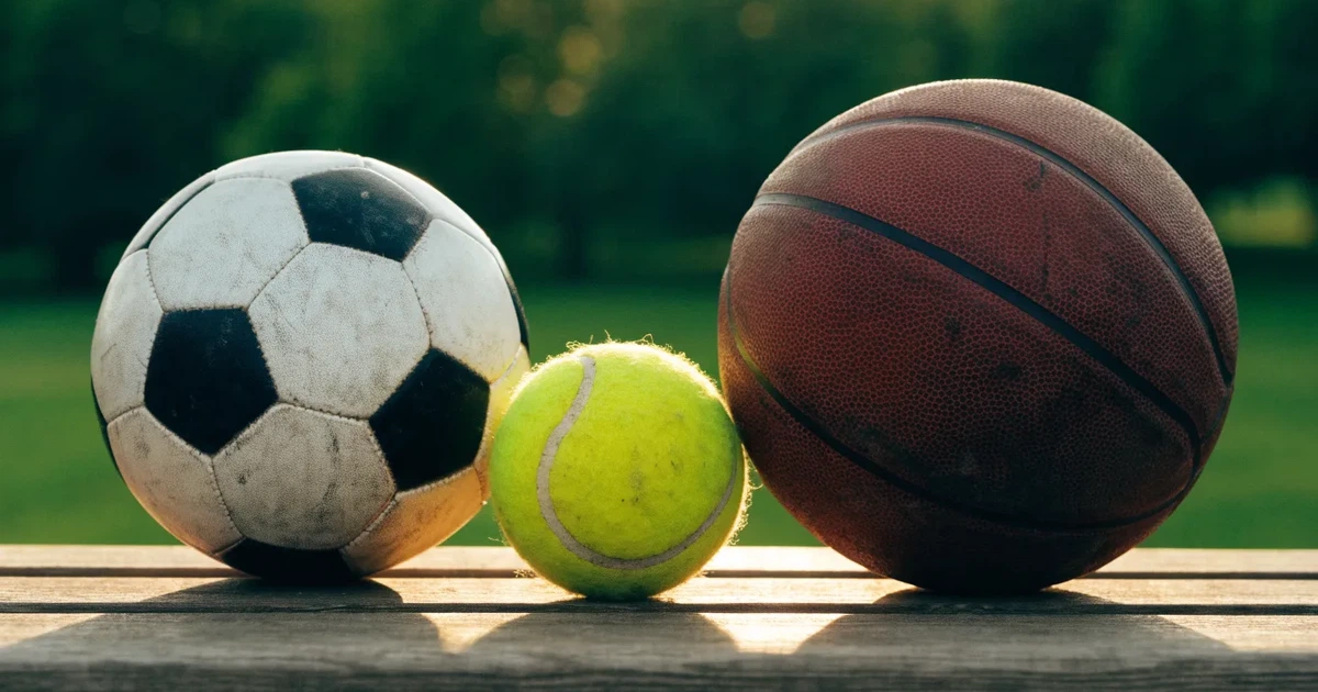 Drei Sportbälle, ein Fussball, ein Tennisball und ein Basketball, liegen nebeneinander auf einer Holzbank.