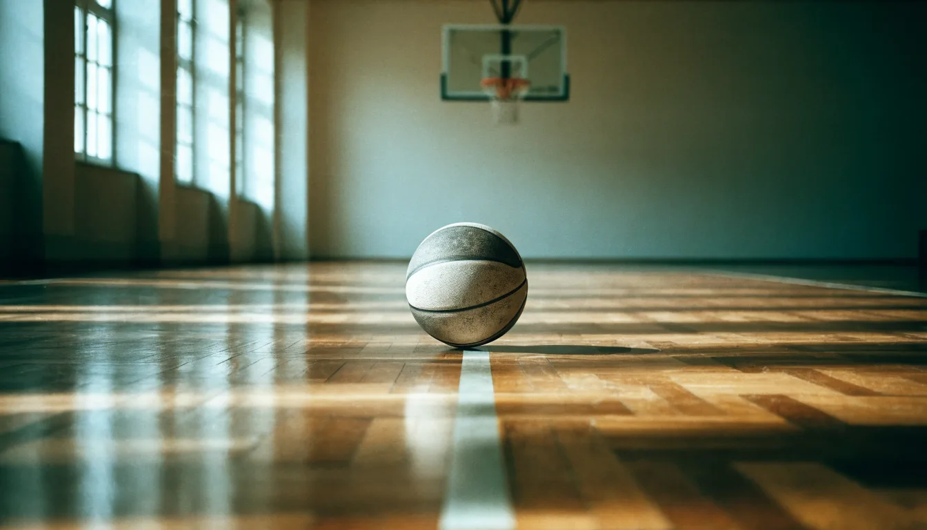 Ein Basketballkorb hängt in einer leeren Turnhalle, durch hohe Fenster fällt Licht auf das Holzparkett.