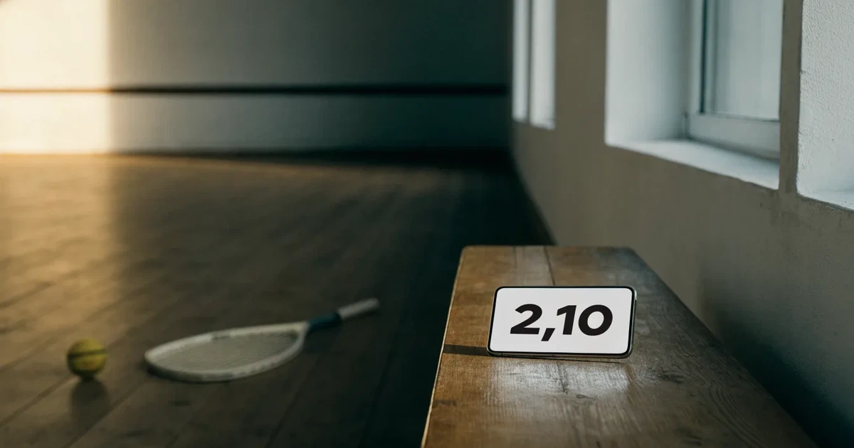 Ein leerer Squashcourt mit weissen Wänden und hellem Holzboden, ein Ball liegt in der Mitte, Deckenlicht spiegelt sich im Parkett.