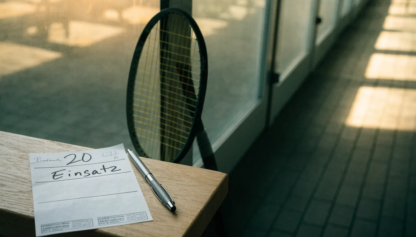 Ein Squashschläger lehnt an der Glaswand eines leeren Courts, draussen fällt Tageslicht in den Gang.