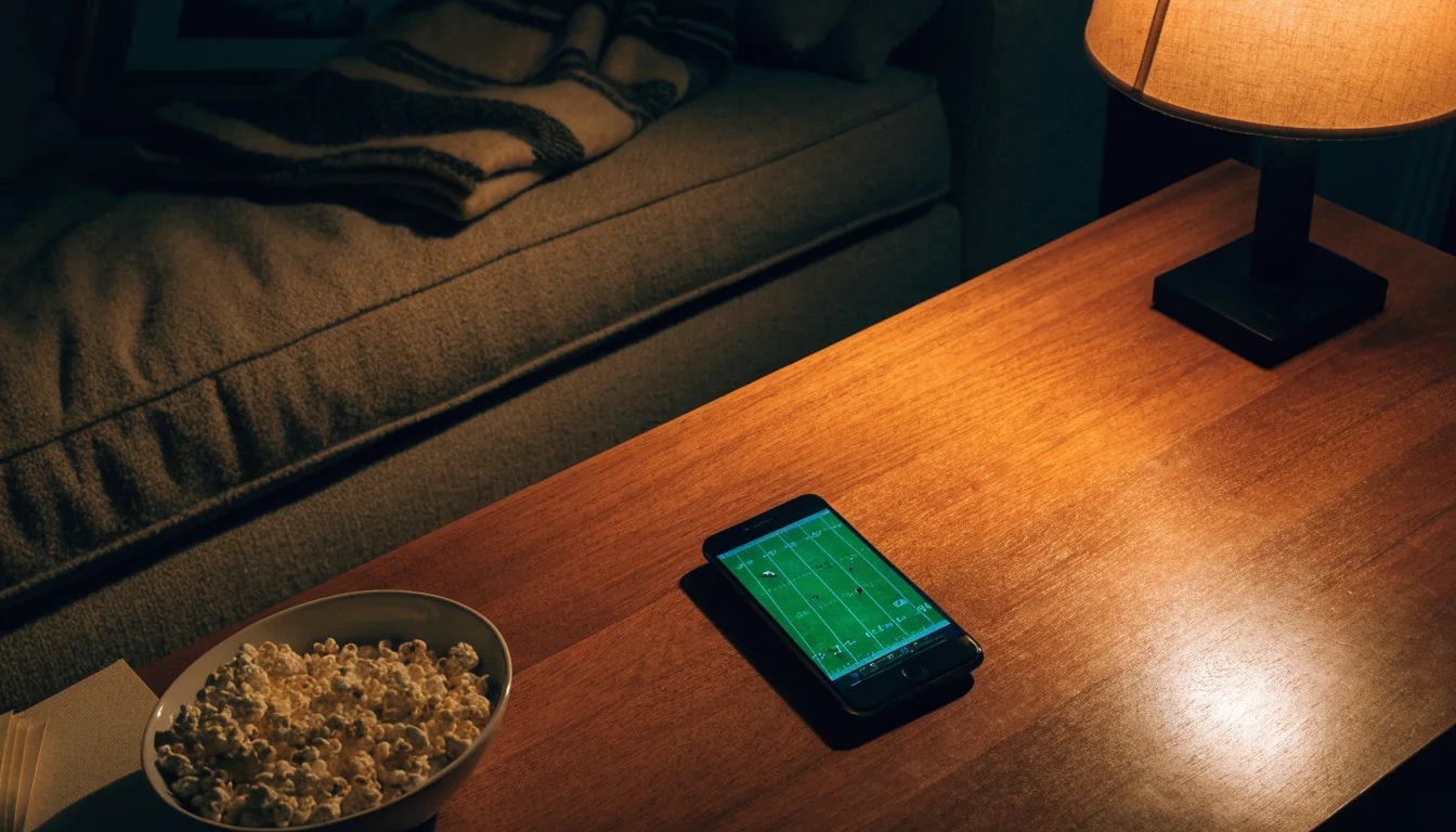 Ein Sofa mit Wolldecke und eine Schale Popcorn auf dem Couchtisch in einem Wohnzimmer bei Lampenlicht am späten Abend.