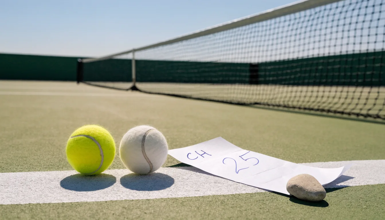 Zwei Tennisbälle liegen auf der weissen Grundlinie eines Hartplatzes im grellen Sonnenlicht.