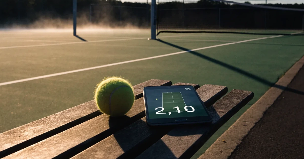 Ein leerer Tennisplatz im Morgengrauen, der Netzschatten fällt lang über den Platz, über der Grundlinie liegt leichter Nebel.