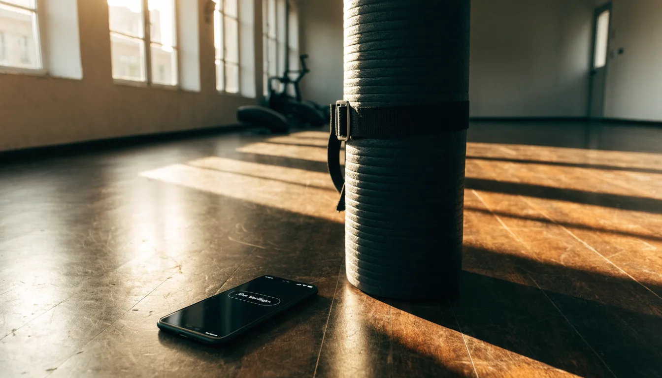 Eine zusammengerollte Trainingsmatte in der Ecke eines leeren Fitnessraums, durch hohe Fenster fällt Morgenlicht.