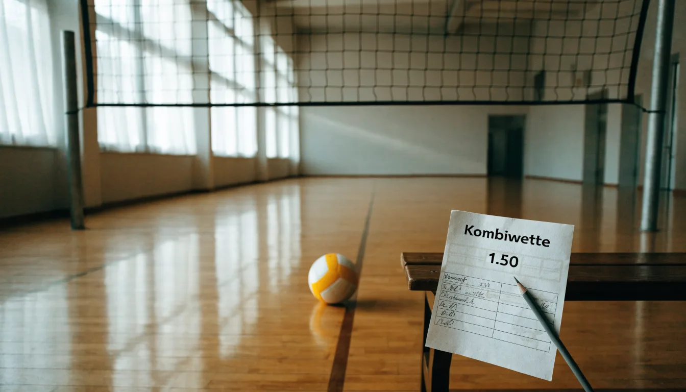 Eine Sporthalle mit gespanntem Volleyballnetz über poliertem Holzboden, hohe Fenster lassen Tageslicht herein.