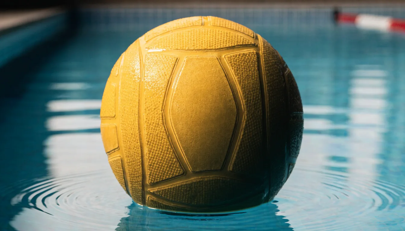 Ein gelber Ball treibt auf ruhigem türkisfarbenem Beckenwasser, feine Wellen im weichen Licht.