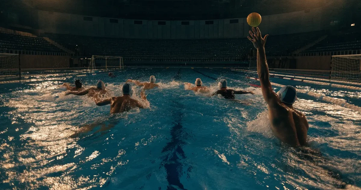 Ein Wasserballbecken am Abend mit zwei schwimmenden Torrahmen an den Enden, ruhiges blaues Wasser, leere Ränge.