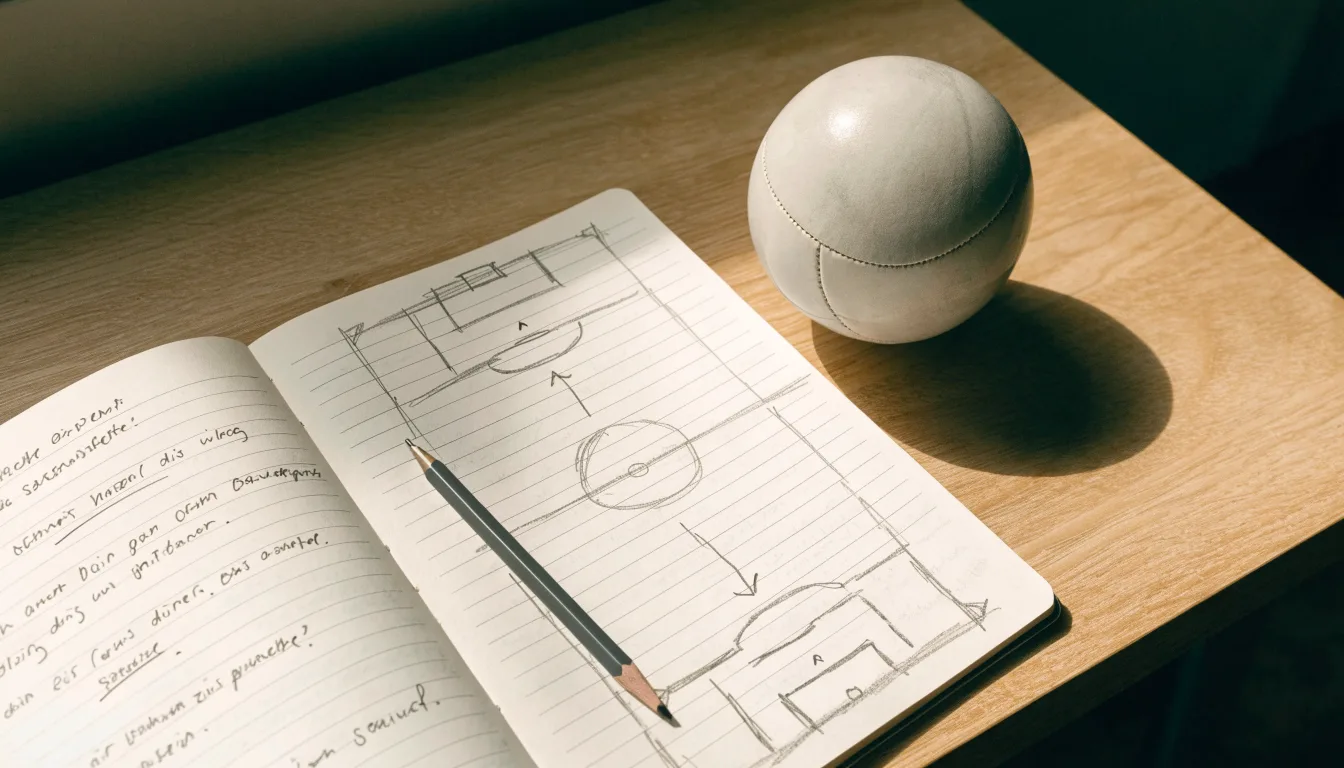 Ein aufgeschlagenes Notizbuch mit Bleistiftskizzen und ein kleiner Fussball liegen auf einem Holztisch im Tageslicht.