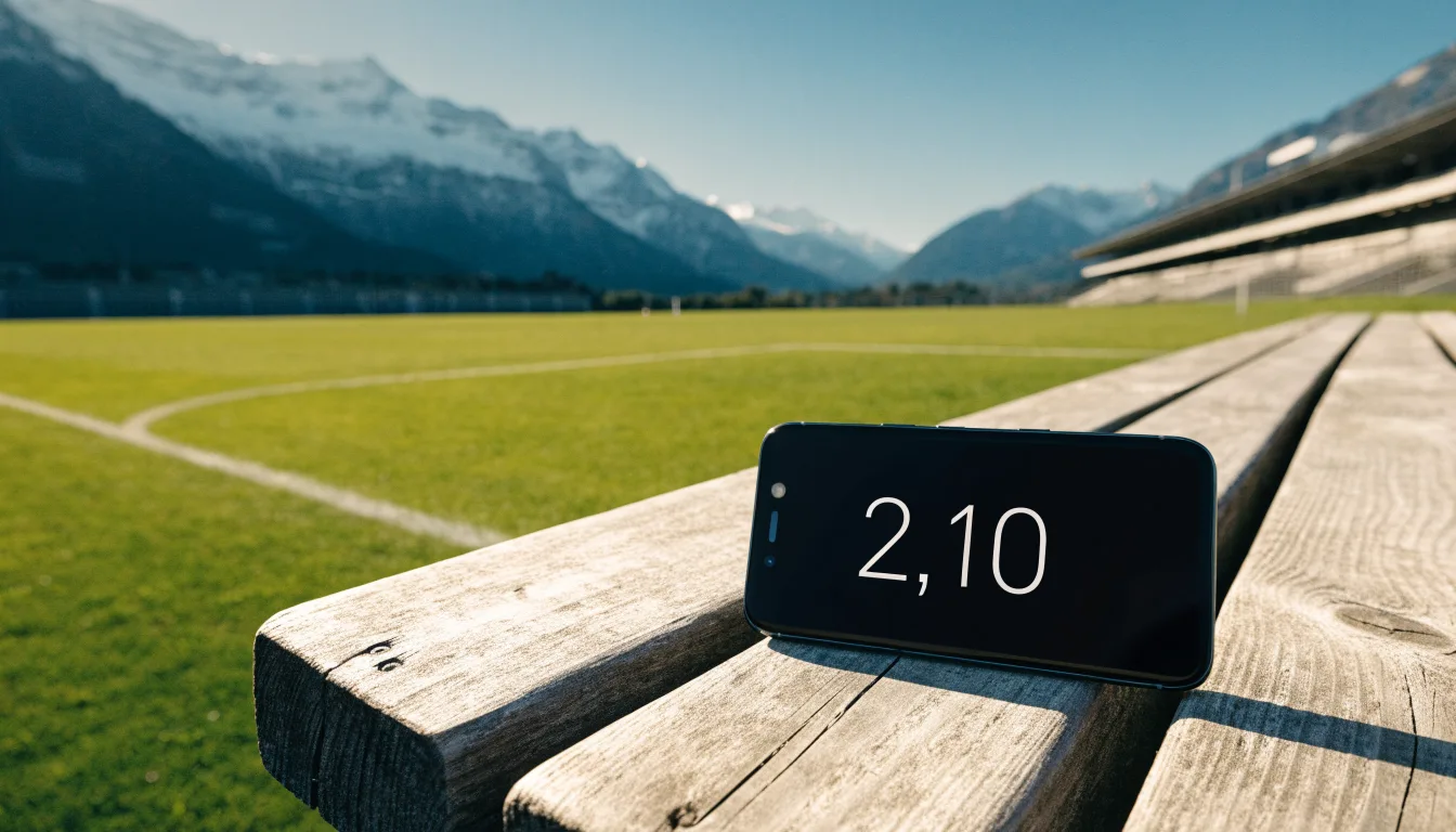Schneebedeckte Berge erheben sich hinter einem Fussballstadion in einem Schweizer Tal, davor liegt eine leere Strasse im Morgenlicht.