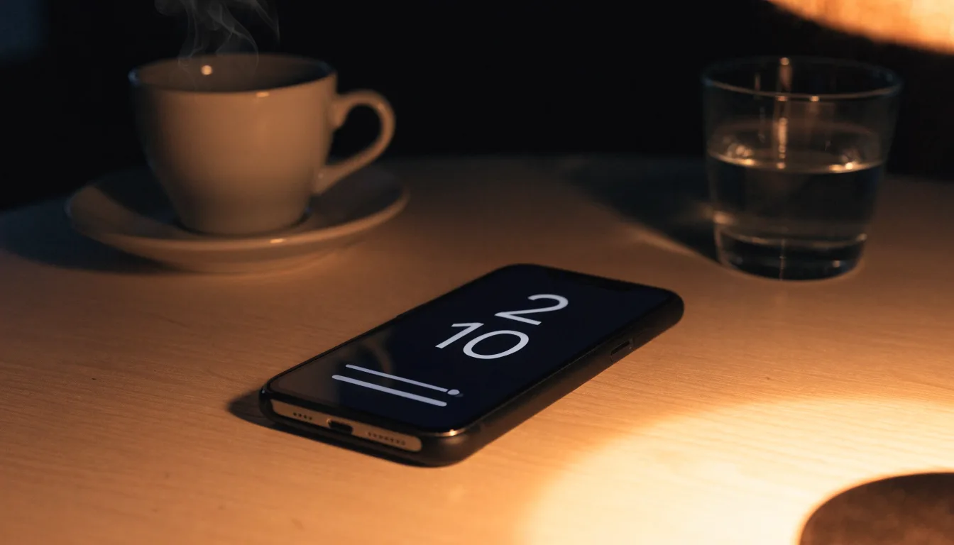 Ein Smartphone mit dunklem Display liegt neben einer Kaffeetasse und einem Glas Wasser auf einem Holztisch im Licht einer Lampe.