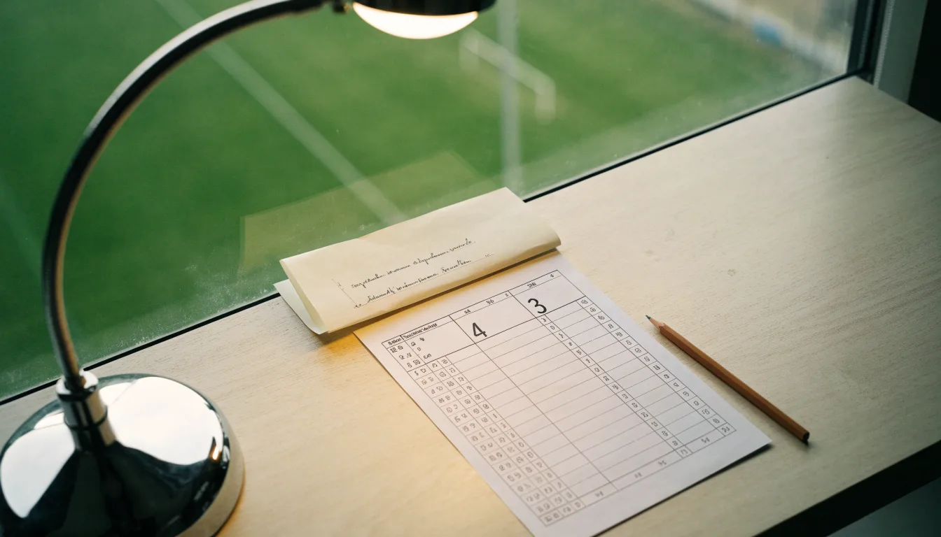 Ein Schreibtisch am Fenster mit Schreibtischlampe, Bleistift und leerem Block, draussen liegt ein Fussballplatz im Dunst.