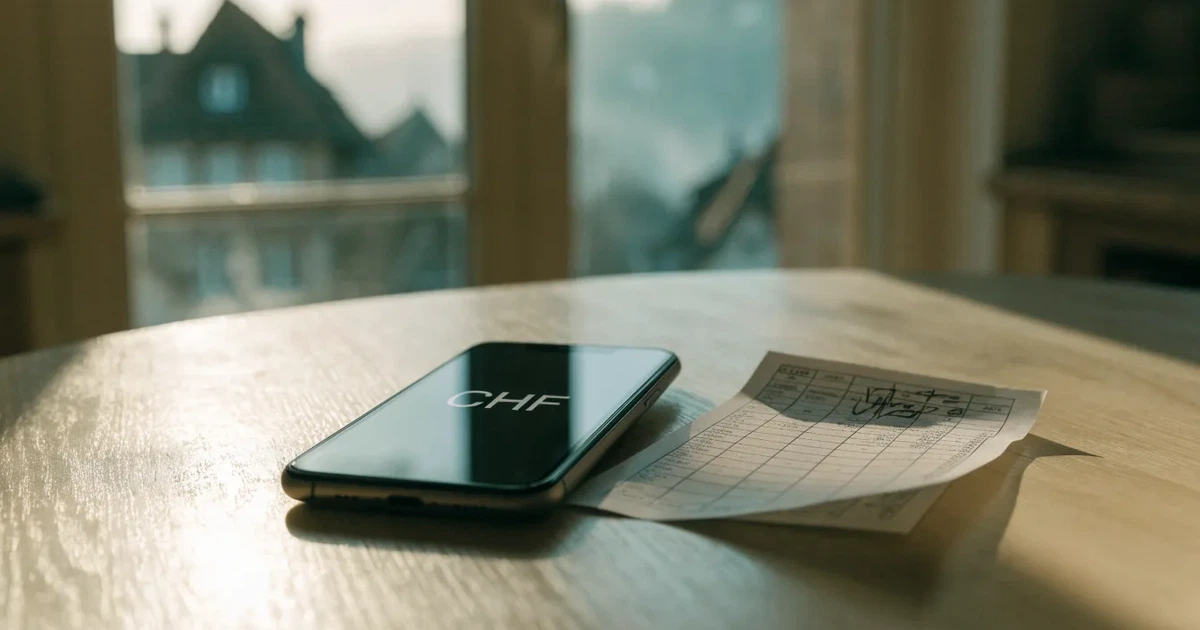 Ein Sparschwein aus Keramik steht auf einem Küchentisch neben einem Smartphone mit dunklem Display, im Fenster dahinter ein Schweizer Dorf im Morgenlicht.