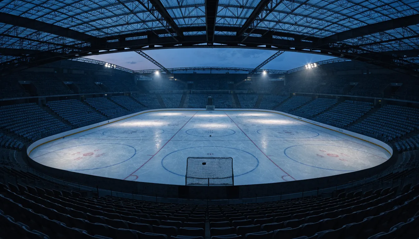 Eine Eisfläche unter Flutlicht aus der Ferne gesehen, die Ränge sind leer und über dem Dach hängt die Dämmerung.