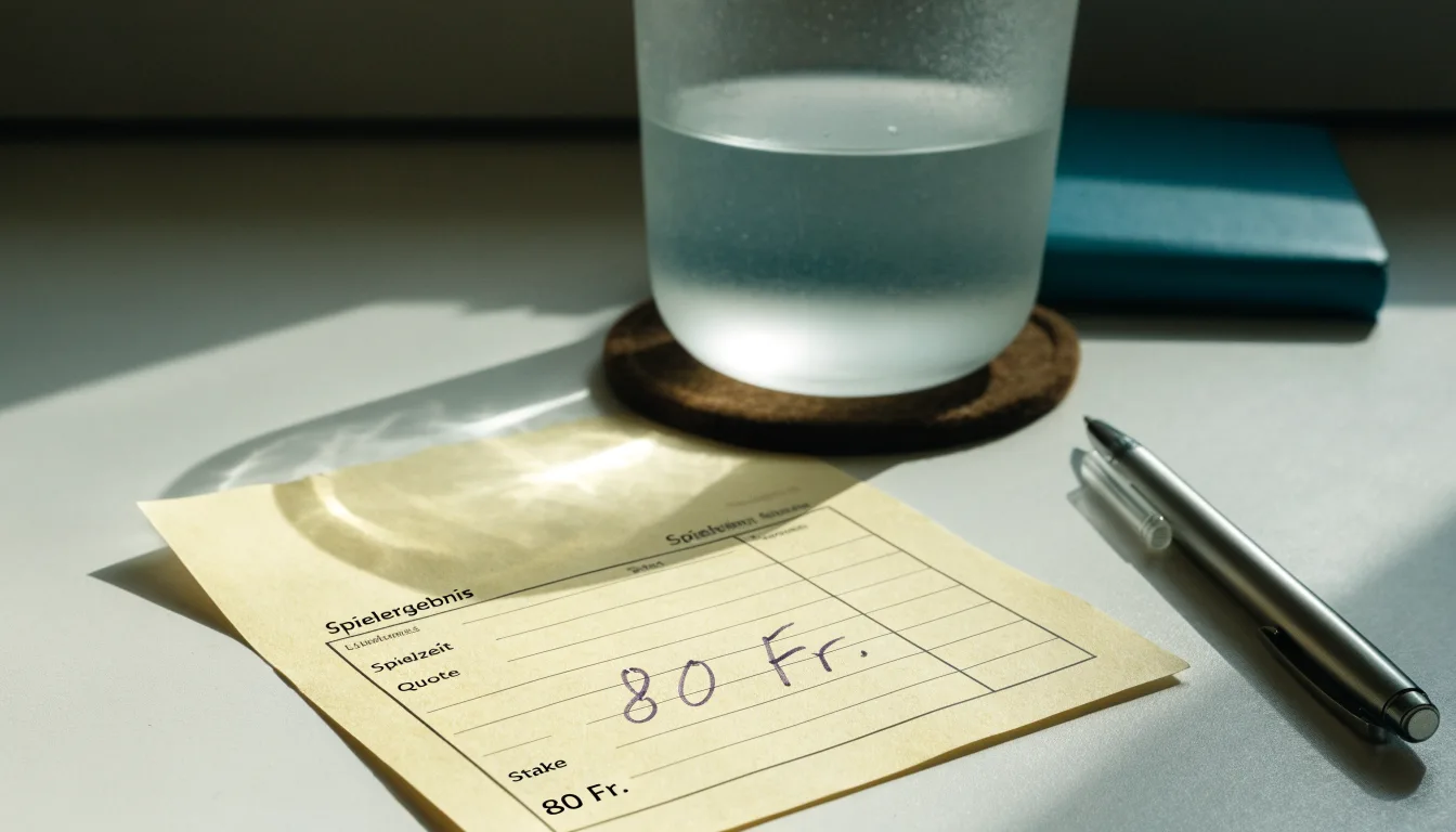 Ein Glas steht bis zum Rand gefüllt auf einem Holztisch, daneben ein Kugelschreiber und ein leeres Blatt Papier im Seitenlicht.