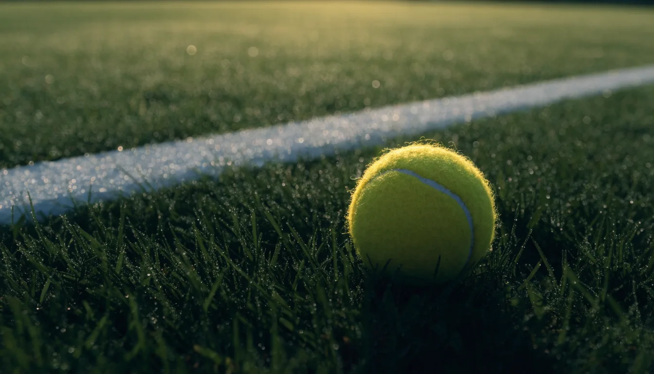 Ein gelber Tennisball liegt im Gras neben der weissen Grundlinie, Tau glitzert auf den Halmen im flachen Sonnenlicht.