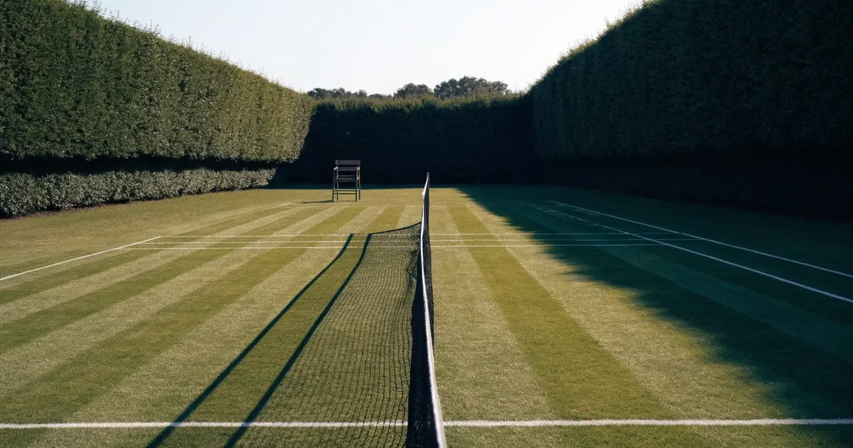 Ein Tennisplatz aus Rasen im ersten Morgenlicht mit frisch gezogenen Linien, einem Netz und einem leeren Schiedsrichterstuhl, dahinter hohe Hecken.