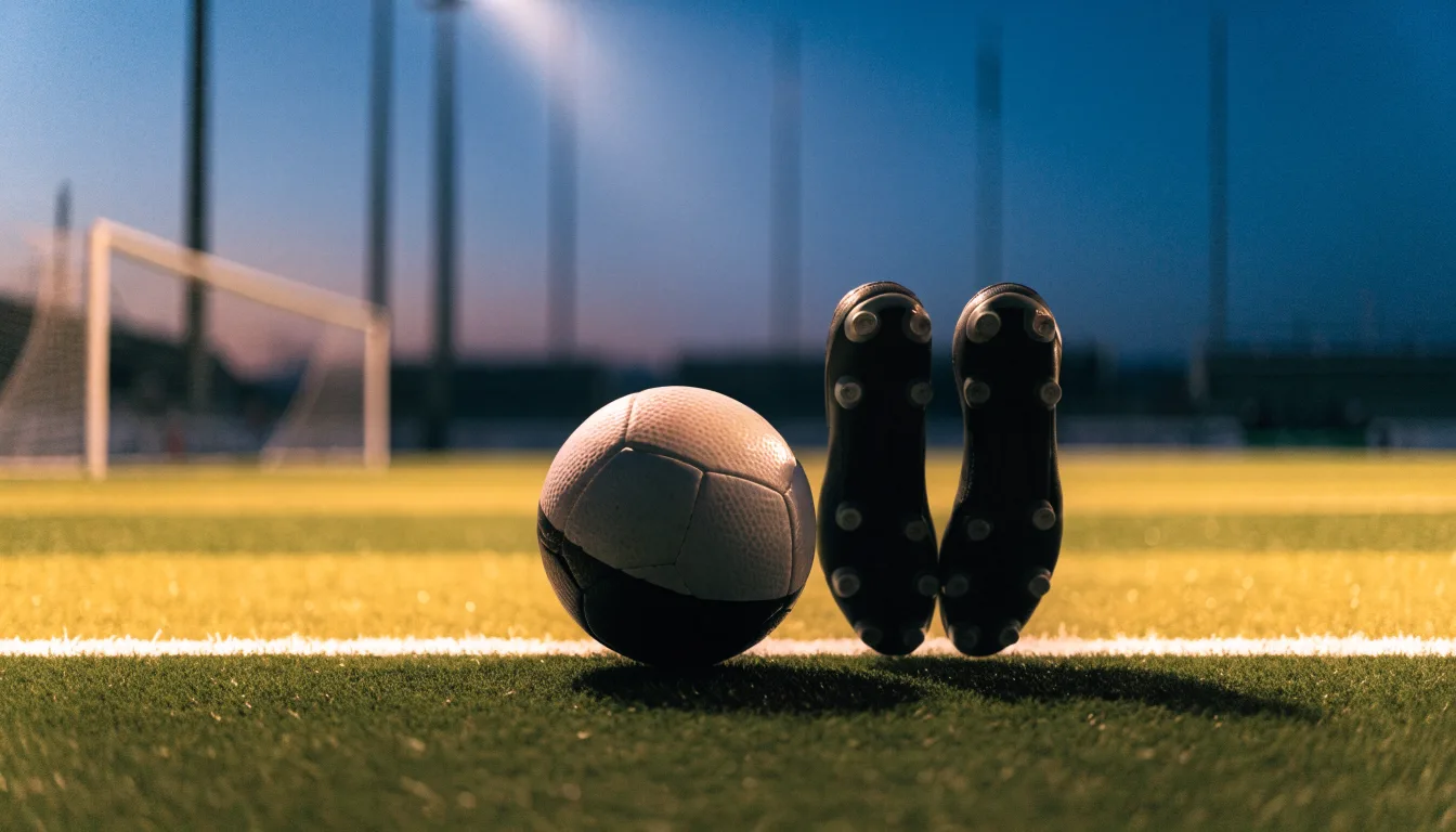 Ein Fussball und ein Paar Stollenschuhe stehen am Rand eines Kunstrasenplatzes, Flutlichtmasten ragen in den Abendhimmel.