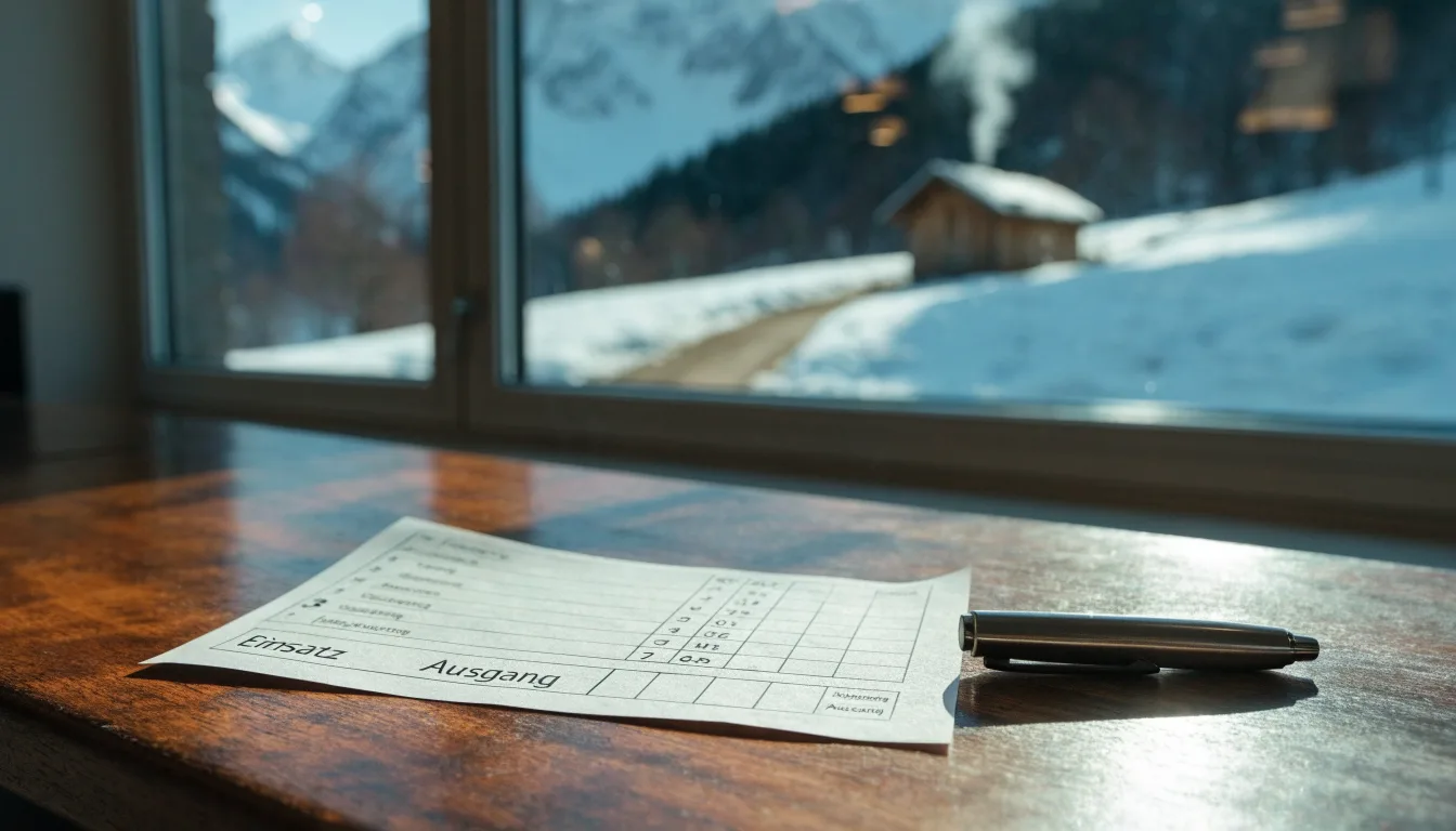 Eine Berghütte im Schnee mit rauchendem Kamin steht vor klarem Himmel, ein Pfad führt in die Stille.