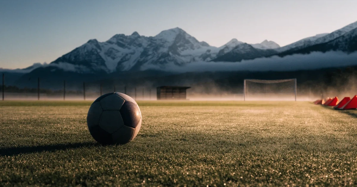 Ein Fussball liegt am frühen Morgen auf dem Rasen eines leeren Fussballfeldes, dahinter eine kleine Tribüne und schneebedeckte Berge.