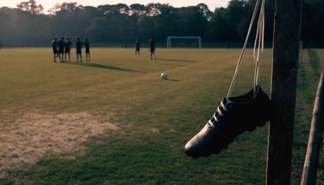 Ein Fussballschuh hängt an den Schnürsenkeln an einem Zaunpfosten neben einem Trainingsplatz im Abendlicht.